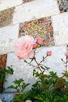 Barcelona Province Prints: Wall with broken glass mosaic tiles as ceramic art with the pink roses as blur foreground in Park Guell