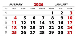 Friday Prints: Wall calendar 2026 for january, week start from sunday. Block size 297x140 mm