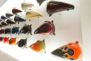 Teardrop Prints: Wall of custom motorcycle gas tanks Harley Davidson Museum Milwaukee, Wisconsin