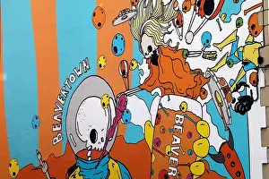 Beers Prints: Side wall of a pub in Loughborough, showing artwork advertising Beavertown Beer. UK, GB