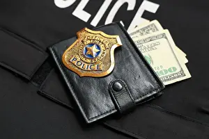 Black Body Prints: Wallet with money and policeman's badge on body armour, closeup
