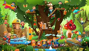 Oak Tree Prints: Wallpaper in children room. Poster with lot of kids have fun and play on playground