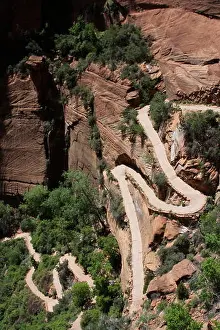 Descent Prints: Walters Wiggles switchback path leading to Angels Peak in Zion National Park, Utah, USA