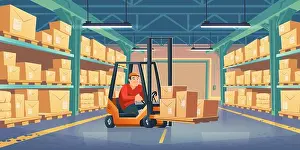 Depot Prints: Warehouse with worker, forklift and cardboard boxes on metal racks