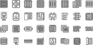 Cooling Prints: Warm floor icons set outline vector. Thermal heat. Tile layer climate control