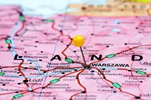 Navigate Prints: Warsaw pinned on a map of europe