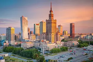 Warsaw, Poland. Aerial cityscape image of capital city of Poland, Warsaw during sunrise