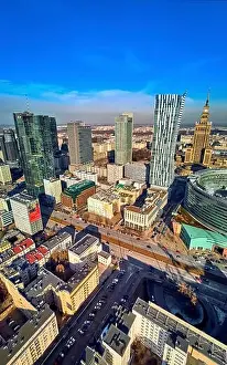 Palac Kultury Prints: WARSAW, POLAND - FEBRUARY 23, 2019: Beautiful panoramic aerial drone view to the center of Warsaw City and Zlota 44