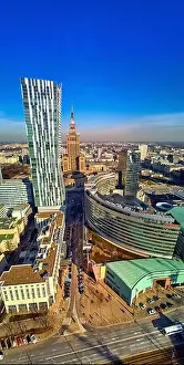 Palac Kultury Prints: WARSAW, POLAND - FEBRUARY 23, 2019: Beautiful panoramic aerial drone view to the center of Warsaw City and Zlota 44