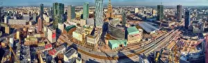 Palac Kultury Prints: WARSAW, POLAND - FEBRUARY 23, 2019: Beautiful panoramic aerial drone view to the center of Warsaw City and Zlota 44