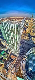 Palac Kultury Prints: WARSAW, POLAND - FEBRUARY 23, 2019: Beautiful panoramic aerial drone view to the center of Warsaw City and Zlota 44