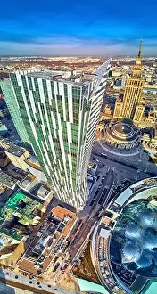 WARSAW, POLAND - FEBRUARY 23, 2019: Beautiful panoramic aerial drone view to the center of Warsaw City and Zlota 44