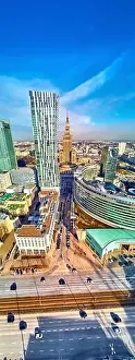 Palac Kultury Prints: WARSAW, POLAND - FEBRUARY 23, 2019: Beautiful panoramic aerial drone view to the center of Warsaw City and Zlota 44