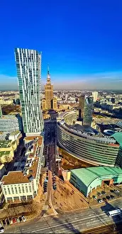 Pkin Prints: WARSAW, POLAND - FEBRUARY 23, 2019: Beautiful panoramic aerial drone view to the center of Warsaw City and Zlota 44