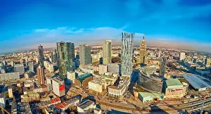 Pkin Prints: WARSAW, POLAND - FEBRUARY 23, 2019: Beautiful panoramic aerial drone view to the center of Warsaw City and Zlota 44
