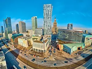 Pkin Prints: WARSAW, POLAND - FEBRUARY 23, 2019: Beautiful panoramic aerial drone view to the center of Warsaw City and Zlota 44