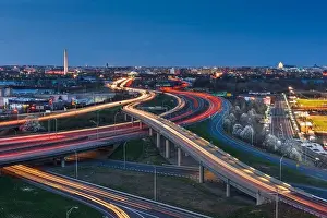 Washington, D.C. skyline with Highways and Monuments at dusk