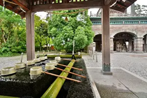 Shinto Prints: The water ablution pavilion for the purification rite, or temizu. Omaya shrine. Japan