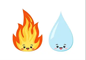 Blaze Prints: Water drop and fire flame cute emoji character isolated on a white background