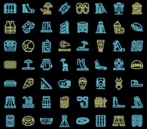 Liner Prints: Water park icons set. Outline set of water park vector icons neon color on black