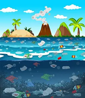 Dump Prints: Water pollution with plastic bags in ocean illustration