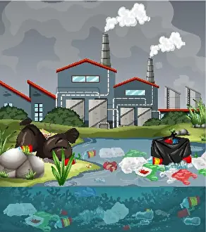 Dump Prints: Water pollution with plastic bags in river illustration