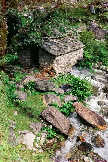 Abode Prints: Water Mill ; watermill ; room with water wheel for milling wheat grains ; Gangotri ; Uttarkashi ; Uttar Pradesh ;
