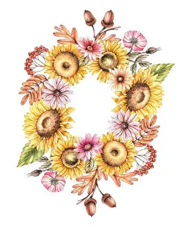 Thanksgiving Prints: Watercolor autumn illustration with pumpkins and sunflowers