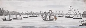 Vessels Prints: Watercolor depicting the American line of battle before the 1776 Battle of Valcour Island