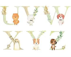 Font Prints: Watercolor dogs letters for invitation card, nursery poster and other.