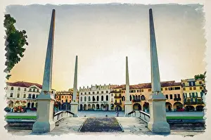 Isola Prints: Watercolor drawing of Padua cityscape with statues near bridge across small canal on Piazza Prato della Valle square