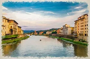 Firenze Prints: Watercolor drawing of Ponte alle Grazie stone bridge and boat on Arno River water