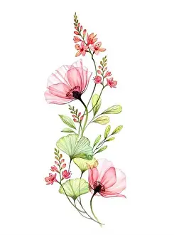 Watercolor floral arrangement. Vertical design element. Abstract big poppy flowers with exotic fresia isolated on white. Botanical illustration for
