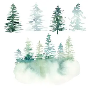 Scrapbooking Prints: Watercolor hand painted winter landscape with pine trees in the mountains
