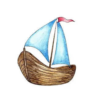 Regatta Prints: Watercolor illustration of a white sailing ship with a red flag