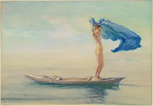 Watercolor Painting Prints: A watercolor by John La Farge from 1895-1896 depicting a girl in the bow of a canoe in Samoa spreading her loin-cloth