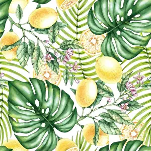 Lemonade Prints: Watercolor lemon tropical leaves pattern