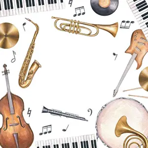 Orchestra Prints: Watercolor musical instruments and floating music notes square border isolated background