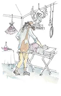 Flea Market Prints: A Watercolor Painting of a Woman Browsing on Book Fair of Flea Market