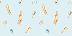 Watercolor Under the sea hand drawn Seamless Pattern with Seashells and Wooden Stocks on a light blue background