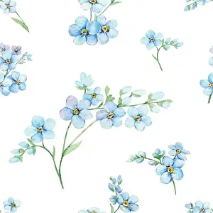 Summer Green Prints: Watercolor seamless pattern of blue forget-me-nots