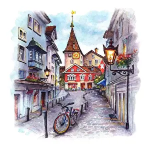 Zurich Prints: Watercolor sketch of Cozy street in the Old Town of Zurich