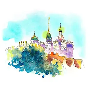 Szczecin Prints: Watercolor sketch of Ducal Castle in Old Town in Szczecin, Pomerania, Poland