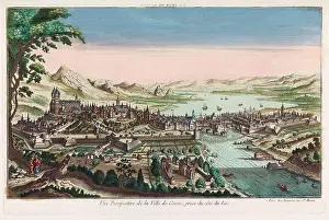 Geneva Prints: watercolour etching of A view of 18th century 1740s Geneva seen from Lake Geneva