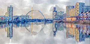 Spanning Prints: Watercolour painting of the Clyde Arc road bridge spanning the River Clyde in Glasgow