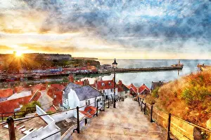 Setting Prints: Watercolour painting of sunset over Whitby on the North Yorkshire coast from the 199 Steps