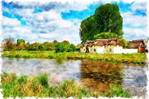 Cottage Prints: Watercolour painting of a thatched cottage on the banks of the river Test at Chilbolton Cow Common in Hampshire