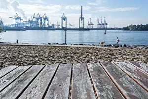 Town Beach Prints: Waterfront with beach and harbor cranes in the background in Hamburg, Germany