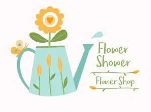 Shop Sign Prints: Watering can with flowers, butterfly and water drop