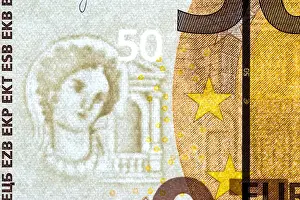 Watermark Prints: Watermark on a banknote of 50 euros macro close-up